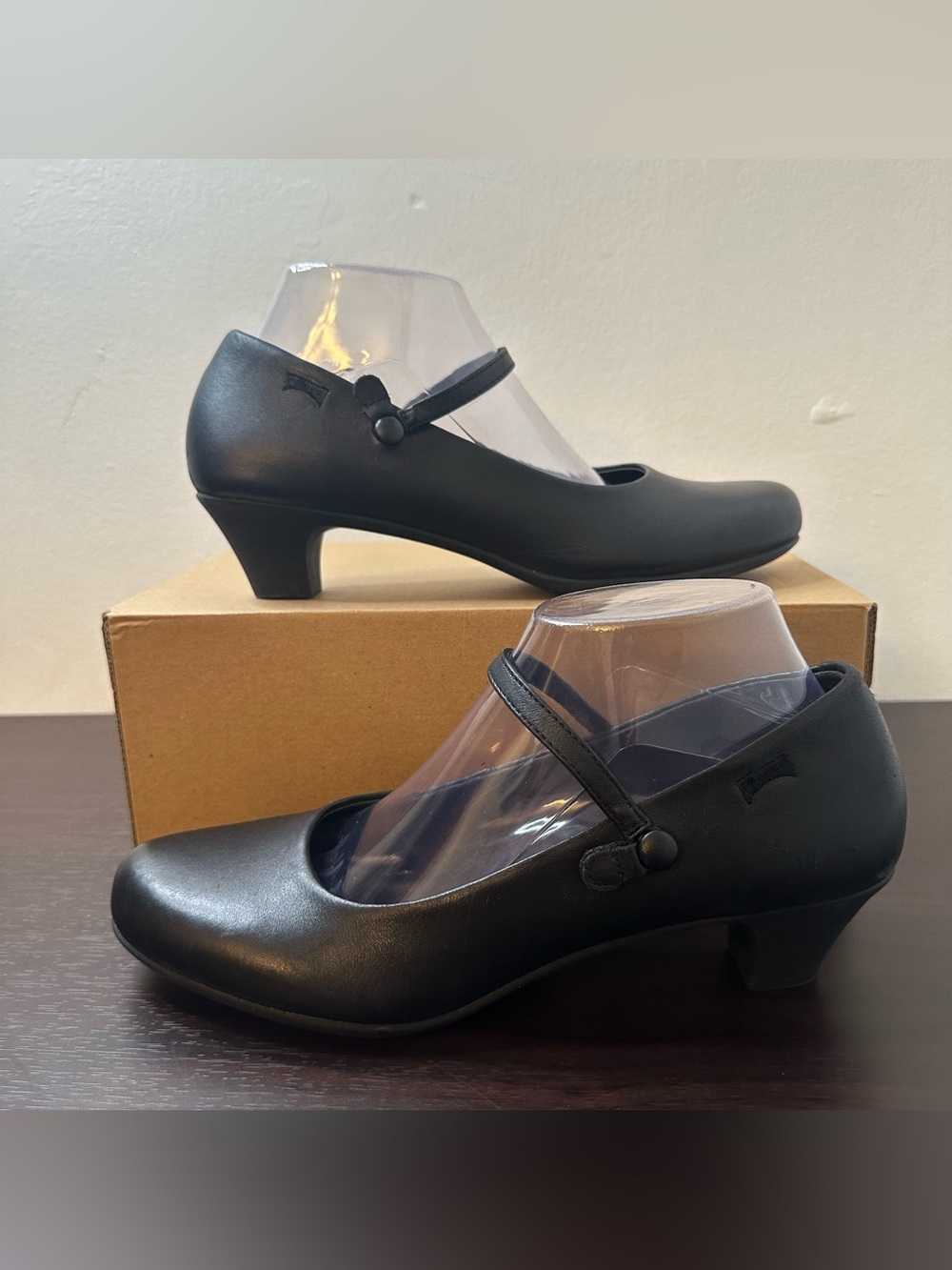 Camper Helena Bajo Black Leather Mary Jane Heels Round Toe Buckle Strap US 9